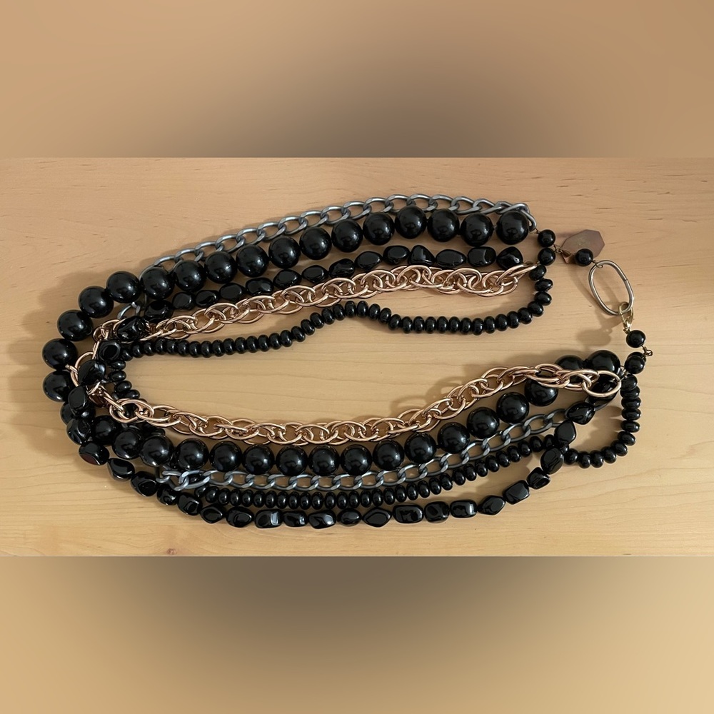 Tomoko Igarashi Five Strands Gold and Grey Metal Chain Belt with Black Beads